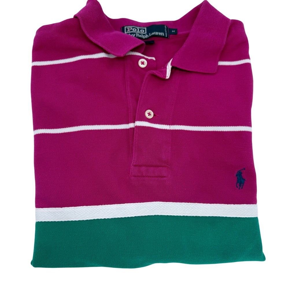 Polo Ralph Lauren Mens Medium Colorblock Striped Polo Shirt Magenta Green Navy